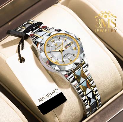 "Stainless steel white face 28mm quartz watch for women with luminous dial and date/day silver and gold—white close-up details"