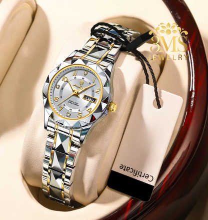 "Stainless steel white face 28mm quartz watch for women with luminous dial and date/day - white- full view"