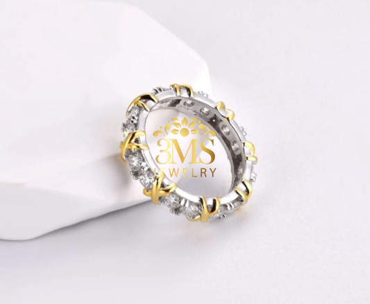 "1.8 ct. moissanite diamond eternity ring x design in 925 sterling silver with white & yellow gold vermeil—side view"