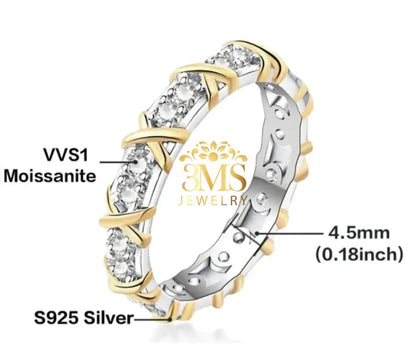 S925 silver ring with 4.5mm width featuring VVS1 moissanite stones and gold accents