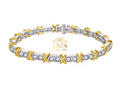 "3.0 ct. VVS1 D colorless moissanite diamond tennis bracelet in sterling silver with white and yellow gold vermeil - zoom view"