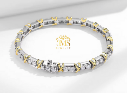 "3.0 ct. VVS1 D colorless moissanite diamond tennis bracelet in sterling silver with white and yellow gold vermeil - side-by-side details"