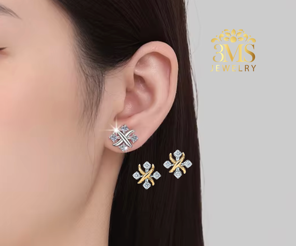 18K vermeil gold Moissanite Diamond Earrings worn by a person with '3MS Jewellery' logo in the corner.