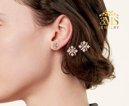 "18K rose gold earrings with 0.8 ct. moissanite diamonds in sterling silver and rose gold vermeil—ear-wearing details"