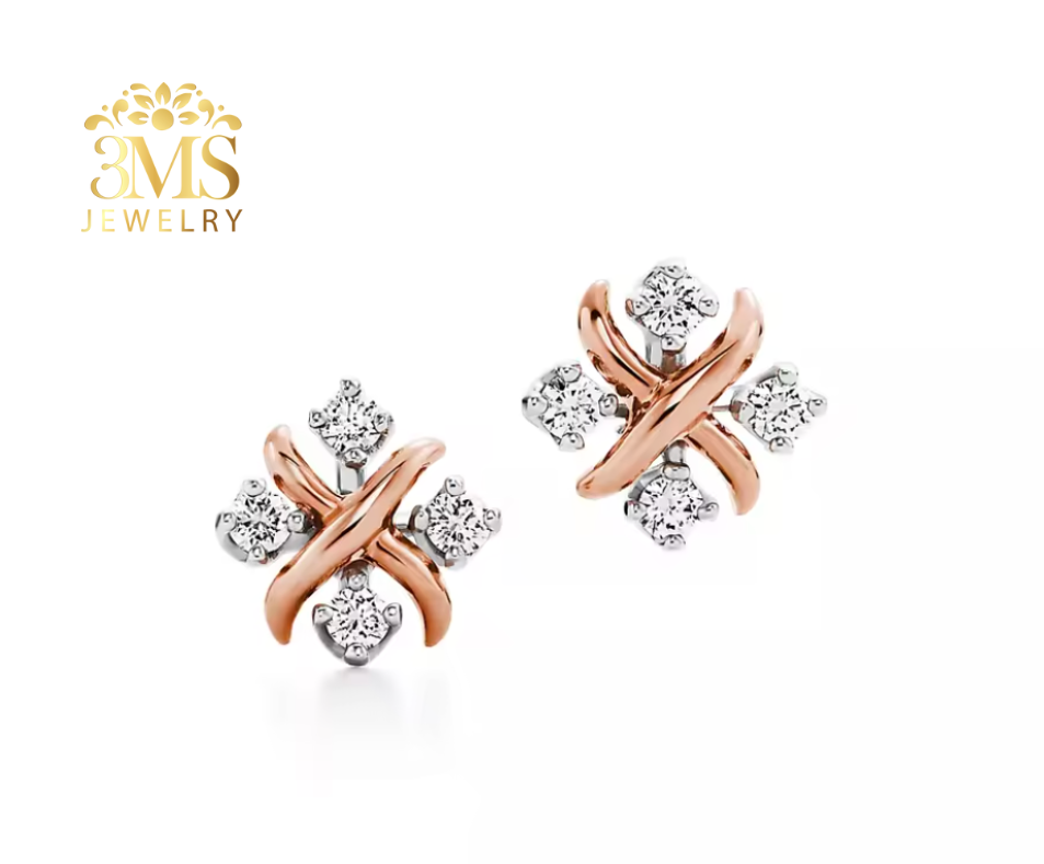 18K Rose gold earrings with moissanite diamonds on a white background, featuring the 3MS Jewelry logo.