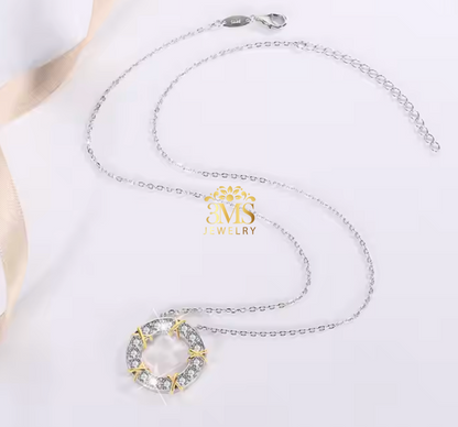 "1.5 ct. VVS1 D flawless/colorless moissanite diamond round pendant necklace in sterling silver with white gold vermeil - full front details"