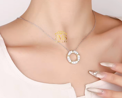 "1.5 ct. VVS1 D flawless/colorless moissanite diamond round pendant necklace in sterling silver with white gold vermeil - on wearing view"