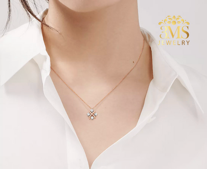 "18K rose gold necklace with 0.4 ct. moissanite diamonds in a sterling silver with rose gold vermeil—neck-wearing view"