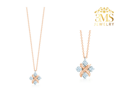 "18K rose gold necklace with 0.4 ct. moissanite diamonds in a sterling silver with rose gold vermeil—front details"