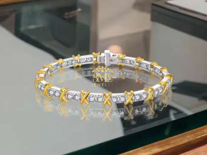 "3.0 ct. VVS1 D colorless moissanite diamond tennis bracelet in sterling silver with white and yellow gold vermeil - front view details"
