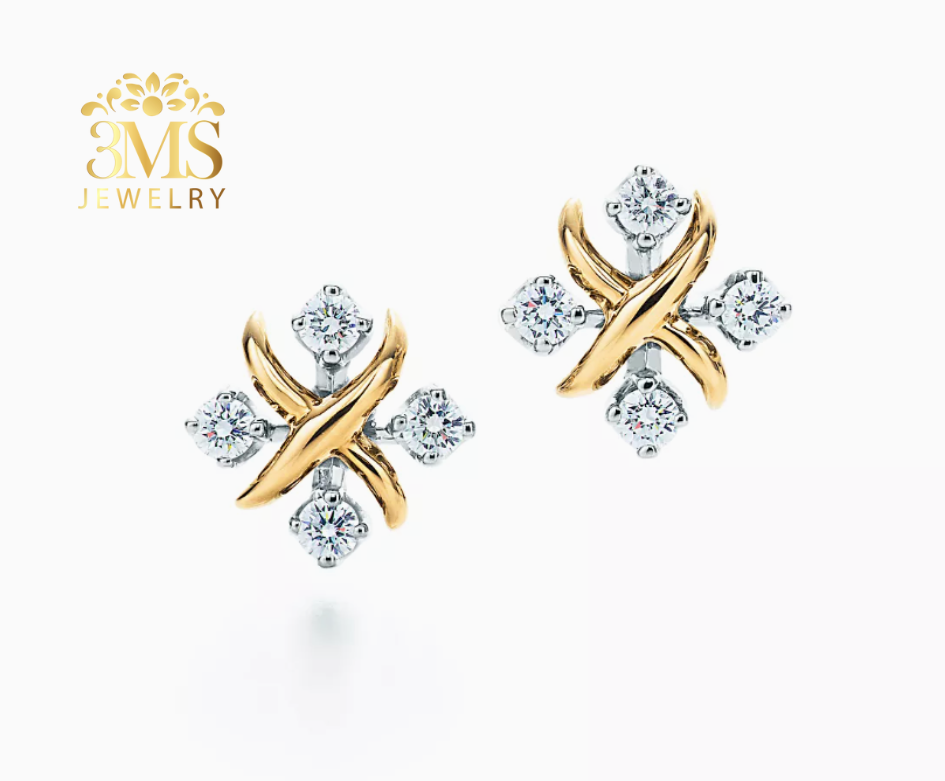 18K vermeil Gold and moissanite diamond earrings on a white background with 3MS Jewelry logo.