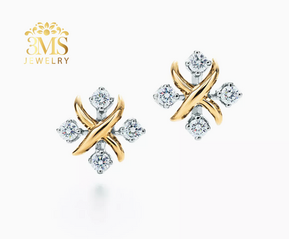 "18K gold earrings with 0.8 ct. moissanite diamonds in sterling silver and gold vermeil—zoom view"