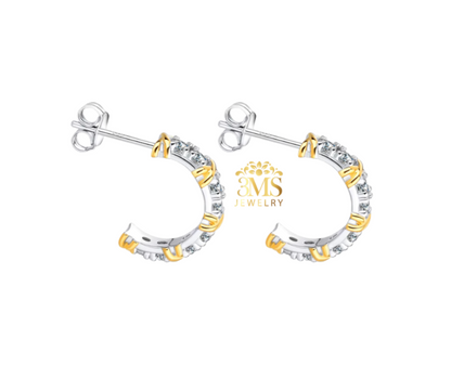 "1,0 ct. VVS1 flawless/colorless moissanite earrings in sterling silver with white gold and yellow gold vermeil - side viewl"