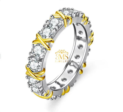 Silver and gold eternity ring with round clear gemstones and 3MS Jewelry logo