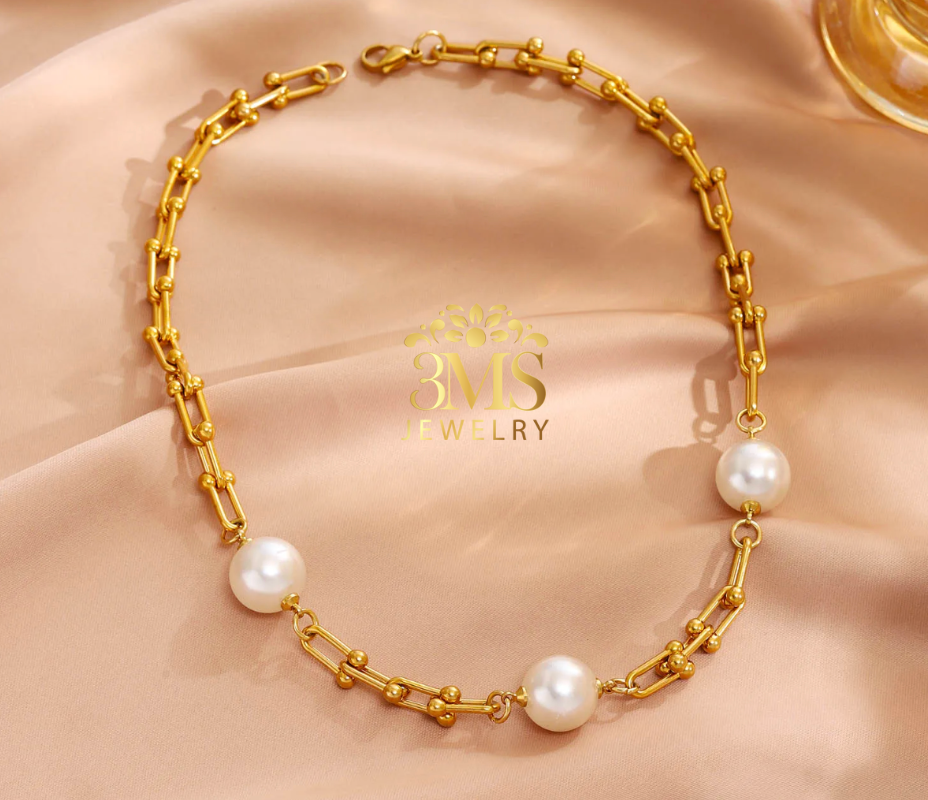"18K gold necklace with 11mm pearls in stainless steel with gold vermeil - full details"
