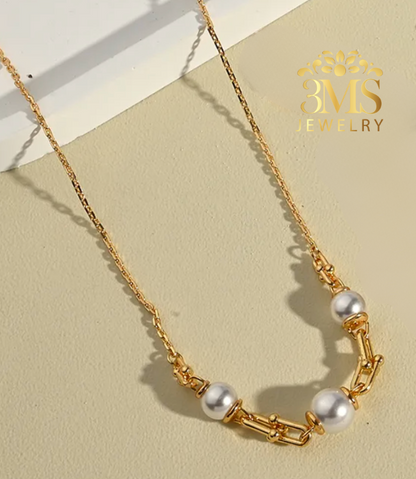 "18K gold necklace with 10mm pearl beads in stainless steel with gold vermeil - full view"