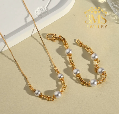 "18K gold necklace & bracelet with 10mm pearl beads in stainless steel with gold vermeil—full view"