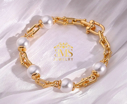"18K vermeil gold bracelet with 10mm pearl beads in stainless steel with gold vermeil - zoom view"